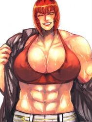 1girls abs bangs big_breasts blush breasts clavicle clothing cowboy_shot diagonal_bangs female green_eyes highres huge_breasts large_breasts looking_at_viewer marisa_rossetti mole mole_under_eye muscle muscular muscular_female navel open_mouth pectorals red_hair revealing_clothes short_hair sidelocks smile solo solo_female spread_legs street_fighter street_fighter_6 sweat thick_thighs thighs undressing white_background zmnjo1440