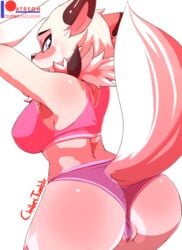 1girls 2018 anthro armpits ass back bare_shoulders big_ass blue_eyes blush breasts brown_fur canine civibes claws clothed clothing digital_media_(artwork) fangs female female_only fur hi_res looking_at_viewer looking_back lycanroc mammal midday_lycanroc nintendo open_mouth pokémon_(species) pokemon pokemon_sm pussy sideboob simple_background solo tail teeth text video_games watermark white_background white_fur