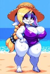 ai_generated anthro beach big_breasts blonde_female blonde_hair blush braid braided_hair braided_ponytail breasts broodal bunny bunny_ears bunny_girl cameltoe furry furry_only hariet_(mario) hat mario_(series) nintendo rabbit rabbit_ears rabbit_girl rabbit_humanoid red_eyes see-through see-through_clothing shortstack smile smiling smug smug_face super_mario_bros. super_mario_odyssey sweat sweating thick_thighs voluptuous voluptuous_female