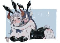 2girls bare_arms bare_shoulders big_breasts blush bunny_ears bunny_tail bunnysuit clothed clothing color female female_focus female_only hi_res horns large_breasts light-skinned_female light_skin long_hair looking_at_another looking_at_viewer mask multicolored_hair ngo_102341 one_piece pink_eyes shounen_jump solo_female tagme thick_thighs ulti_(one_piece) white_hair yamato_(one_piece) yuri