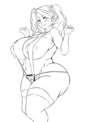 1girls alternate_version_available ando_hiroyuki areola_slip arms_up bare_shoulders big_breasts black_and_white blush busty cleavage curvy eyelashes female female_only footwear front_view gundam gundam_build_fighters gundam_build_fighters_try hairy_pussy hourglass_figure human legwear looking_at_viewer one-piece_swimsuit pose posing pubes pubic_hair sazaki_kaoruko short_hair simple_background skimpy sling_bikini solo standing stockings swimsuit teamtgs thong tied_hair twintails voluptuous white_background wide_hips