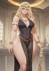 1girls abs ai_generated armlet bare_shoulders black_dress blonde_hair bracelet braid dress elden_ring fit_female fromsoftware hair_over_one_eye jewelry long_hair medium_breasts musashimango navel necklace pelvic_curtain queen_marika_the_eternal revealing_clothes solo taller_female tarnished thick_thighs voluptuous wide_hips yellow_eyes