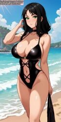 ai_generated ai_hands beach beach_background big_breasts black_hair black_swimsuit breasts female female_human female_only green_eyes soli_sketch swimsuit thick_thighs thighs