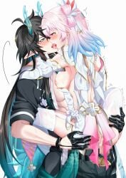 1boy 1girls artist_request black_hair blush breasts carrying_partner censored clothing dan_heng dan_heng_(imbibitor_lunae) honkai:_star_rail honkai_(series) male/female male_penetrating male_penetrating_female march_7th_(honkai:_star_rail) tagme vaginal_penetration