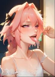 1boy ai_generated astolfo_(fate) bangs braid braided_hair braided_ponytail condom crossdressing cum cum_drip cum_in_mouth eating_cum fate_(series) femboy happy male male_only pink_eyes pink_hair solo tagme tongue trap used_condom viviai