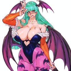 1girls bare_shoulders big_breasts blush clothed clothing color darkstalkers female female_focus female_only green_eyes green_hair hi_res inner_sideboob large_breasts light-skinned_female light_skin long_hair looking_at_viewer master_dcj morrigan_aensland solo solo_female succubus succubus_horns succubus_wings tagme thick_thighs