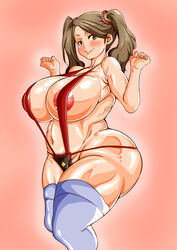 1girls alternate_version_available ando_hiroyuki areola_slip arms_up bare_shoulders big_breasts blue_footwear blue_legwear blue_stockings blush brown_eyes brown_hair busty cleavage curvy eyelashes female female_only footwear front_view gundam gundam_build_fighters gundam_build_fighters_try hairy_pussy hourglass_figure human legwear looking_at_viewer one-piece_swimsuit pose posing pubes pubic_hair sazaki_kaoruko short_hair simple_background skimpy sling_bikini solo standing stockings swimsuit teamtgs thong tied_hair twintails voluptuous white_background wide_hips