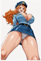 ai_generated alluring big_breasts blush breasts brown_eyes cleavage female female_only kneeling long_hair looking_at_viewer nami nami_(one_piece) one_piece open_mouth orange_hair police_hat police_officer police_uniform policewoman seducing seduction seductive seductive_body seductive_eyes seductive_gaze seductive_look seductive_mouth seductive_pose shiny_hair shiny_skin skirt sweat sweatdrop sweating sweaty sweaty_body voluptuous voluptuous_female yashin