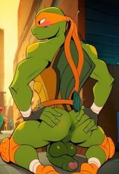 ai_generated anus ass back balls biceps big_balls big_penis blush fuckboy gay grabbing_own_ass male male_only mask michelangelo_(tmnt) nickelodeon nude_male penis rise_of_the_teenage_mutant_ninja_turtles tmnt toned_body toned_male turtle twall97