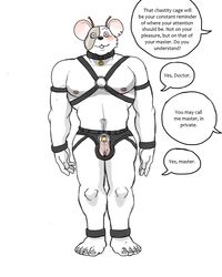 2018 anthro balls biker_mice_from_mars bondage bondage_gear bondage_outfit chastity_cage collar faceplate front_view fur hyenaface hypnosis male male_only mammal mind_control mouse muscles nipples open_mouth penis plantigrade rodent solo standing vinnie_(bmfm)