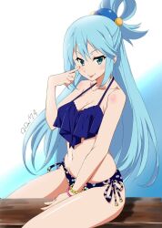 1girls aqua_(konosuba) aqua_eyes aqua_hair bare_arms bare_belly bare_legs bare_shoulders bare_thighs belt bikini blue_bikini blush body_blush breasts cleavage collarbone female female_only kono_subarashii_sekai_ni_shukufuku_wo! long_hair medium_breasts shiny_skin side-tie_bikini_bottom sitting smile solo thighs tongue tongue_out tsuji643163271