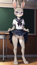 1girls 2024 ai_generated anthro blushing classroom digitigrade disney female female_only flashing flashing_pussy grey_fur hi_res indoors innie_pussy judy_hopps looking_at_viewer no_panties purple_eyes pussy rabbit school_uniform skirt skirt_lift smile zootopia