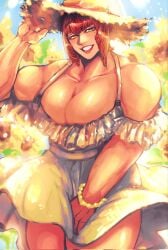 1girls abs bangs big_breasts blush breasts clavicle cleavage clothing cowboy_shot diagonal_bangs female green_eyes highres huge_breasts large_breasts looking_at_viewer marisa_rossetti mole mole_under_eye muscle muscular muscular_female navel open_mouth pectorals red_hair revealing_clothes short_hair sidelocks smile solo solo_female spread_legs street_fighter street_fighter_6 summer_dress summer_hat thick_thighs thighs white_background zmnjo1440