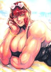 1girls abs bangs big_breasts blush breasts clavicle clothing cowboy_shot diagonal_bangs female green_eyes highres huge_breasts large_breasts looking_at_viewer marisa_rossetti mole mole_under_eye muscle muscular muscular_female navel open_mouth pectorals posing red_hair revealing_clothes short_hair sidelocks smile solo solo_female spread_legs street_fighter street_fighter_6 sunglasses sunglasses_on_head thick_thighs thighs white_background zmnjo1440