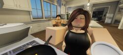 apron big_balls big_breasts big_nipples big_penis brown_hair chubby cutiehogg female female_focus kitchen male mommy roblox roblox_avatar straight