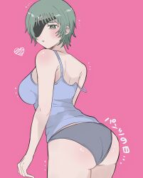 <3 1girls ass ass_focus big_ass bubble_butt chainsaw_man eyepatch female female_only from_behind gray_hair green_hair grey_hair himeno_(chainsaw_man) light-skinned_female looking_back panties pink_background short_hair simple_background solo us4misan