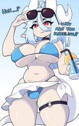 1futa ahoge animal_ears big_breasts bikini bulge clothed clothing dialogue english_text eyelashes futa_only futanari hi_res horns humanoid j5daigada kemonomimi legband light-skinned_futanari light_blue_hair light_skin mostly_nude o-ring o-ring_thigh_strap pointy_ears red_eyes sasha_(daigada) skindentation solo standing sunglasses sunglasses_on_head text thick_thighs thigh_squish