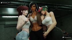 1futa 2girls 3d awe clothed clothing d.va eskandart female female_on_futa fully_clothed futa_on_female futanari huge_cock kiriko_(overwatch) locker_room overwatch overwatch_2 penis_awe pharah