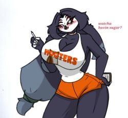 anthro avian big_breasts bird blush breasts demon elderly female helluva_boss hooters hooters_uniform octavia_(helluva_boss) owl owl_demon pace-maker queen_octavia small_waist solo thick_thighs wide_hips