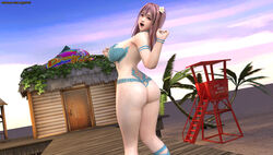 3d ass bare_legs bare_shoulders beach bikini breasts curvy dead_or_alive dead_or_alive_5 female flower hips honoka_(doa) huge_ass large_breasts long_hair looking_at_viewer looking_back micro_bikini palm_tree pink_hair pose posing sand side_ponytail sky smile solo swimsuit the_majestic thick_thighs thighs thong thong_bikini wide_hips