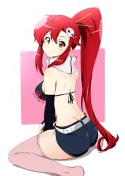 ass back bare_back belt big_breasts blush body_blush bra breasts elbow_gloves feet gloves hair_ornament long_hair no_shirt open_mouth pink_thighhighs ponytail red_hair scarf shorts sideboob sitting tengen_toppa_gurren_lagann thighhighs tsuji643163271 yellow_eyes yoko_littner zettai_ryouiki