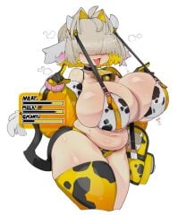 1girls attribute_slider belly big_breasts bikini blonde_hair breasts bursting_breasts chubby cow_bell cow_ears cow_girl cow_print cow_tail curvy curvy_female curvy_figure cute_fang elegg_(nikke) fang female gloves goddess_of_victory:_nikke hair_covering_eyes highres horn lifting_breasts skindentation slugbox solo sweaty thick thick_ass thick_legs thick_thighs thighhighs wide_hips