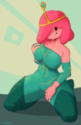 1girls absurdres adventure_time black_eyes blush bodysuit boots breasts covered_navel dabble female female_only grabbing_own_breast green_clothes green_footwear hair_over_one_eye highres jumpsuit kneeling open_mouth pink_hair pink_skin princess_bubblegum short_hair solo teeth tiara