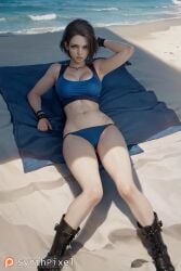 1girls ai_generated beach bikini blue_bikini boots breasts cleavage day detailed hi_res highres jill_valentine looking_at_viewer lying navel outdoors resident_evil resident_evil:_death_island sand short_hair solo swimsuit synthpixel wristband