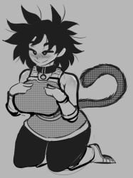 1girls big_breasts black_and_grey black_and_white black_hair blush blush_lines blushing boots breasts choker clothed clothed_female collar dragon_ball dragon_ball_super female female_focus female_only female_saiyan gine hand_on_chest hands_on_breasts hands_on_own_breasts hands_on_own_chest huge_breasts krello_after_dark large_breasts medium_hair milf mother no_color on_knees saiyan saiyan_armor saiyan_girl saiyan_tail smile smiling spiked_hair spiky_hair thick thick_thighs thighs