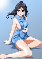 bare_arms bare_legs bare_shoulders bare_thighs barefoot black_hair blue_dress blue_eyes blue_sweater blush body_blush breasts clothes_pull ear_piercing feet hibike!_euphonium kasaki_nozomi long_hair medium_breasts open_mouth panties pantyshot ponytail shiny_skin sideboob sweater thighs tsuji643163271 white_panties