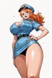 ai_generated alluring big_breasts blush breasts brown_eyes cleavage female female_only kneeling long_hair looking_at_viewer nami nami_(one_piece) one_piece open_mouth orange_hair police_hat police_officer police_uniform policewoman seducing seduction seductive seductive_body seductive_eyes seductive_gaze seductive_look seductive_mouth seductive_pose shiny_hair shiny_skin skirt sweat sweatdrop sweating sweaty sweaty_body voluptuous voluptuous_female yashin