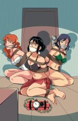 3girls arms_tied_behind_back black_hair blue_eyes blue_hair bomb bondage bound_ankles brown_eyes cleave_gag gag gagged green_eyes lostonezero orange_hair original_character over_the_mouth_gag peril tape_gag