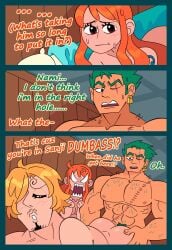 1girls 2boys ass blonde_hair comedy comic dialogue female funny gadzooks gay gay_sex green_hair humor male muscular naked nami_(one_piece) nude one_piece orange_hair sanji sanji_(one_piece) sex threesome zoro_(one_piece)