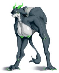 4:5 anthro backbend bodily_fluids breasts claws contortionism feet female flexible fur green_eyes grey_body grey_fur gyy horn mammal paws solo