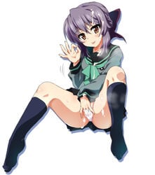 blush braid brown_eyes bukkake cum female fingering fingering_self hair_ornament hair_ribbon hiiragi_shinoa looking_at_viewer masturbation ouhashi owari_no_seraph panties purple_hair ribbon school_uniform simple_background smile socks spread_legs sweat tongue underwear white_background white_panties