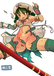 anus breasts convenient_censoring female female hat highres nipples open_mouth pubic_hair simple_background solo soul_calibur soul_calibur_iii spread_legs talim tenteco_(covamin) torn_clothes twin_braids white_background