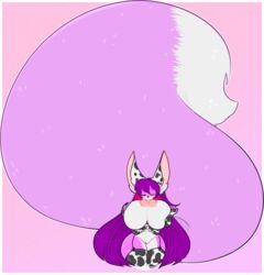 anthro areola arm_warmers armwear big_breasts big_nipples black_nose blush breast_grab breast_squeeze breast_sucking breasts canine closed_eyes clothing female fluffy fluffy_tail gradient_background hair hand_on_breast hi_res huge_tail hyper hyper_tail legwear long_hair long_tail mammal multicolored_hair navel nipples purple_hair pussy red_hair self_suckle simple_background socks solo sucking tehbuttercookie vixy_(vixynyan)