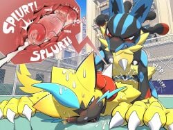 anal anal_knotting anal_sex animal_genitalia animal_penis anthro blue_body blue_fur blush bodily_fluids canid canine_genitalia canine_penis chest_spike clawing claws clenched_teeth cum cum_in_ass cum_inside cumshot duo ejaculation fur generation_6_pokemon generation_7_pokemon genital_fluids genitals hi_res internal internal_anal knot knotting legendary_pokemon male male/male male_penetrated male_penetrating male_penetrating_male mammal mega_evolution mega_lucario nagick_18 nintendo penetration penis pokemon pokemon_(species) red_eyes sex spikes spikes_(anatomy) teeth vein veiny_penis zeraora