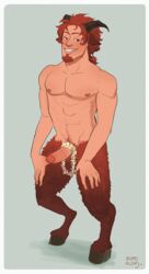 2016 abs beard blush boner brown erection eyes fantasy flowers foreskin freckles fur garland glans green hair hooves horns humanoid kupo_klein male male_focus male_only muscle no_humans nude orange partially_retracted_foreskin pecs penis ring satyr simple_background smile solo