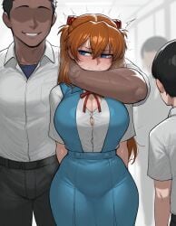 1girls 2025 2boys 2d ai_generated arm_around_neck asuka_langley_sohryu big_breasts blue_eyes blush bully bullying cleavage clothed cuckold curvy dark-skinned_male embarrassed ginger_hair groping hands_behind_back height_difference hi_res hourglass_figure light-skinned_female motorcycle25 neon_genesis_evangelion neopn_genesis_evangelion netorare school school_uniform schoolgirl shinji_ikari size_difference source_request watching