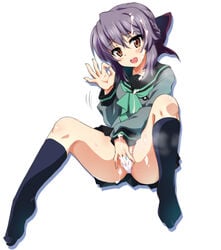 blush braid brown_eyes bukkake cum female fingering fingering_self hair_ornament hair_ribbon hiiragi_shinoa looking_at_viewer masturbation open_mouth ouhashi owari_no_seraph panties purple_hair ribbon school_uniform simple_background smile socks spread_legs sweat underwear white_background white_panties