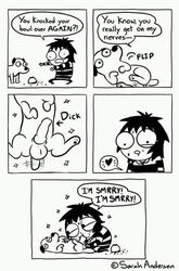 1girls animal animal_genitalia bestiality black_eyes black_hair canine canine_penis comic dog fellatio female monochrome oral parody sarah's_scribbles sarah_andersen striped_clothing striped_shirt sweat webcomic zoophilia