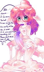 balls dialogue embarrassed embarrassed_expression flat_chest flat_chested flat_chested_futa futanari green_eyes head_wings huge_cock humiliated infantilette nipples nipples_visible_through_clothing nipples_visible_through_shirt oc penis purple_nipples self_upload shiny_skin slime slime_body slime_girl slime_hair tail tears wet wet_clothes wet_clothing wings