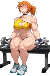 1girl abs alternate_muscle_size artalexc bare_shoulders bench biceps black_choker blush bra breasts busty choker cleavage cleavage_cutout closed_mouth clothing clothing_cutout dumbbell earrings exercise female fingerless_gloves footwear gloves heart_cutout highleg highleg_panties jewelry kasumi_(pokemon) large_breasts misty_(pokemon) muscle muscular_female navel navel_piercing obliques on_bench orange_hair pantsu phone piercing pokemon ponytail scrunchie shoes sitting sitting_on_bench sneakers solo sports_bra sportswear thick_thighs thighs thong tied_hair underwear weightlifting weights