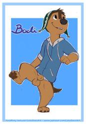 animal_genitalia balls bodi bodi_(rock_dog) bottomless canine clothed clothing happy hat hoodie letodoesart male_only mammal rock_dog sheath