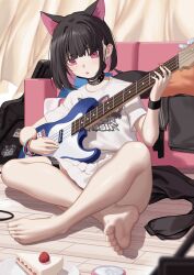 absurdres animal_ears barefoot black_hair blue_archive cake cake_slice electric_guitar feet female food guitar highres instrument kazusa_(band)_(blue_archive) kazusa_(blue_archive) lamb_ovis light_blush looking_at_viewer mask medium_hair mouth_mask multicolored_hair parted_lips red_eyes soles toes two-tone_hair