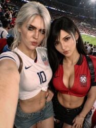 2girls ai_generated asian asian_female black_hair black_nails breasts cd_projekt_red ciri cirilovve crossover earrings female female_only final_fantasy final_fantasy_vii football football_uniform freckles freckles_on_face green_eyes green_nails light-skinned_female light_skin looking_at_viewer mascara navel navel_piercing public scar selfie soccer soccer_uniform the_witcher_(series) the_witcher_3:_wild_hunt tifa_lockhart white_hair world_cup