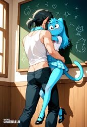 1boy against_wall ai_assisted ai_generated blue_fur blue_skin cat chalkboard checkered_skirt doggy_style doggy_style_sex dripping_pussy facing_forward forced from_behind gumball_watterson hand_on_back hand_on_neck head_turned looking_away looking_away_from_viewer looking_forward midriff round_eyes solo tail whiskers