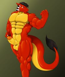 abs balls black_hair brown_eyes claws croiyan dragon glans hair horn invalid_tag male male_only muscular muscular_male navel penis precum red_scales richy_(character) scales scalie vein veiny_penis yellow_scales