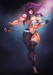 abs akali alternate_costume bare_shoulders barefoot belt breasts cap cleavage extreme_muscles female fingerless_gloves gloves hat k/da_akali k/da_series large_breasts league_of_legends long_hair muscles muscular muscular_female navel purple_eyes purple_hair solo thick_thighs tireimisu veins